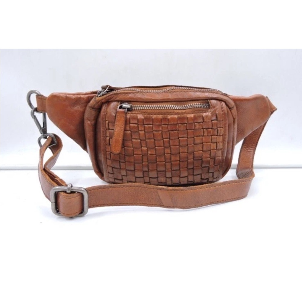 Vilenca Holland  Unisex Woven Leather Fanny Waist Bag Cognac Color New